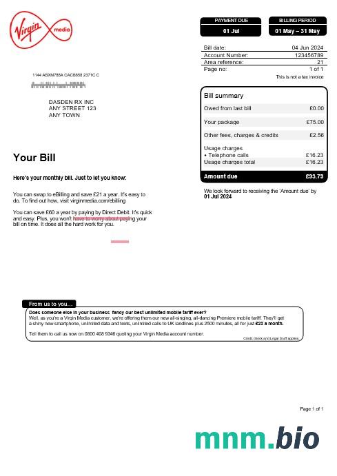 Wielka Brytania Virgin Media rachunek za usługi komunalne, Word i szablon PDF